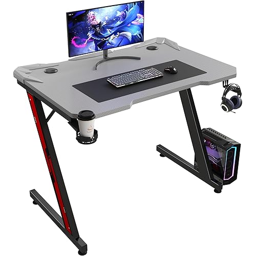 Homall Gaming Computer Desk with Carbon Fiber Surface, Gaming Table Z Shaped Pc Home Office with Cup Holder&Headphone Hook(32 in, Grey)