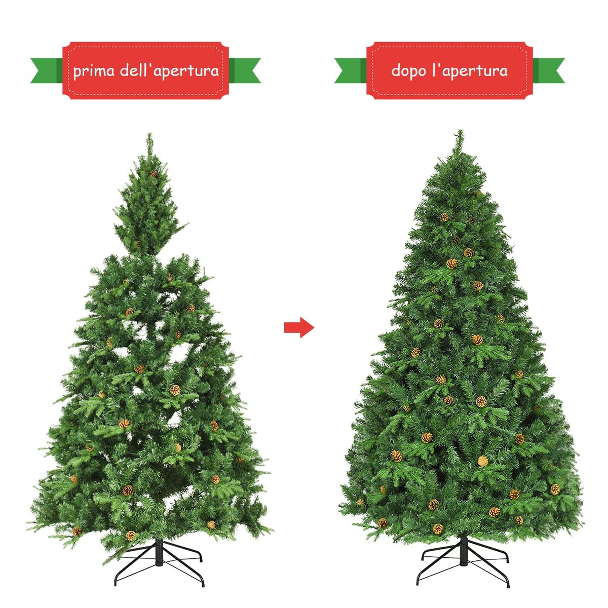 COSTWAY Albero di Natale 210/225/240 cm, Albero di Natale con 460/540/600 Luci a LED Bianco Caldo, 925/1125/1335 Rami e Pigne, Decorazione Natalizia per Casa e Negozio (210cm)