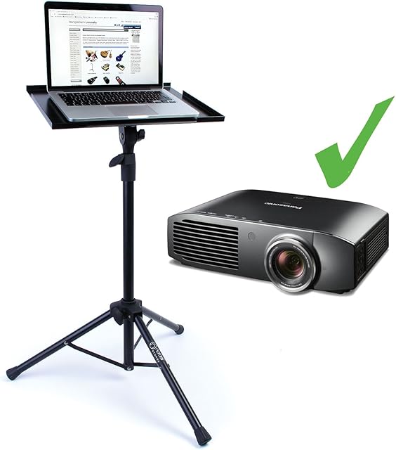 Projector & Laptop Floor Stand: Portable Lectern/Table, adjustable to 1.15m tall - Folding Heavy Duty Tripod Base and All Metal Shelf/Tray to Support your Tech Safely