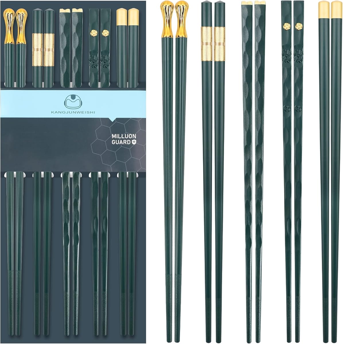 5 Pairs Chopsticks Reusable Fiberglass Dishwasher Safe, 9.6 inch/24.3cm Matte Non-Slip Family/ Hotel/ Restaurant Japanese Chop Sticks, Christmas & Chinese New Year Gift, Dark Green