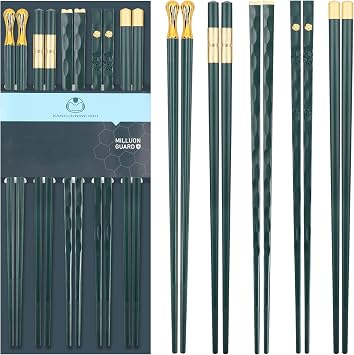 5 Pairs Chopsticks Reusable Fiberglass Dishwasher Safe, 9.6 inch/24.3cm Matte Non-Slip Family/ Hotel/ Restaurant Japanese Chop Sticks, Christmas & Chinese New Year Gift, Dark Green