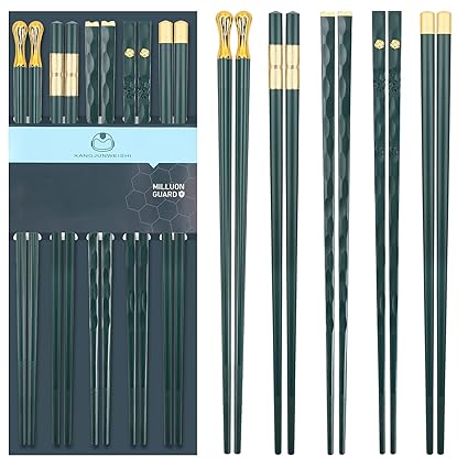 5 Pairs Chopsticks Reusable Fiberglass Dishwasher Safe, 9.57 inch/24.3cm Matte Non-Slip Family/ Hotel/ Restaurant Japanese Chinese Chop Sticks, Christmas & New Year Gift, Darkgreen