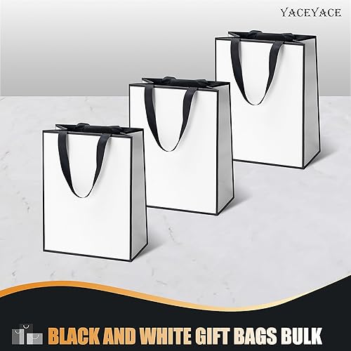 Miniatura 6 de Bolsas de regalo blancas y negras a granel YACEYACE 20 piezas de 10.5 x 4.25 x 8 pulgadas, bolsas de regalo medianas blancas con asas de cinta,