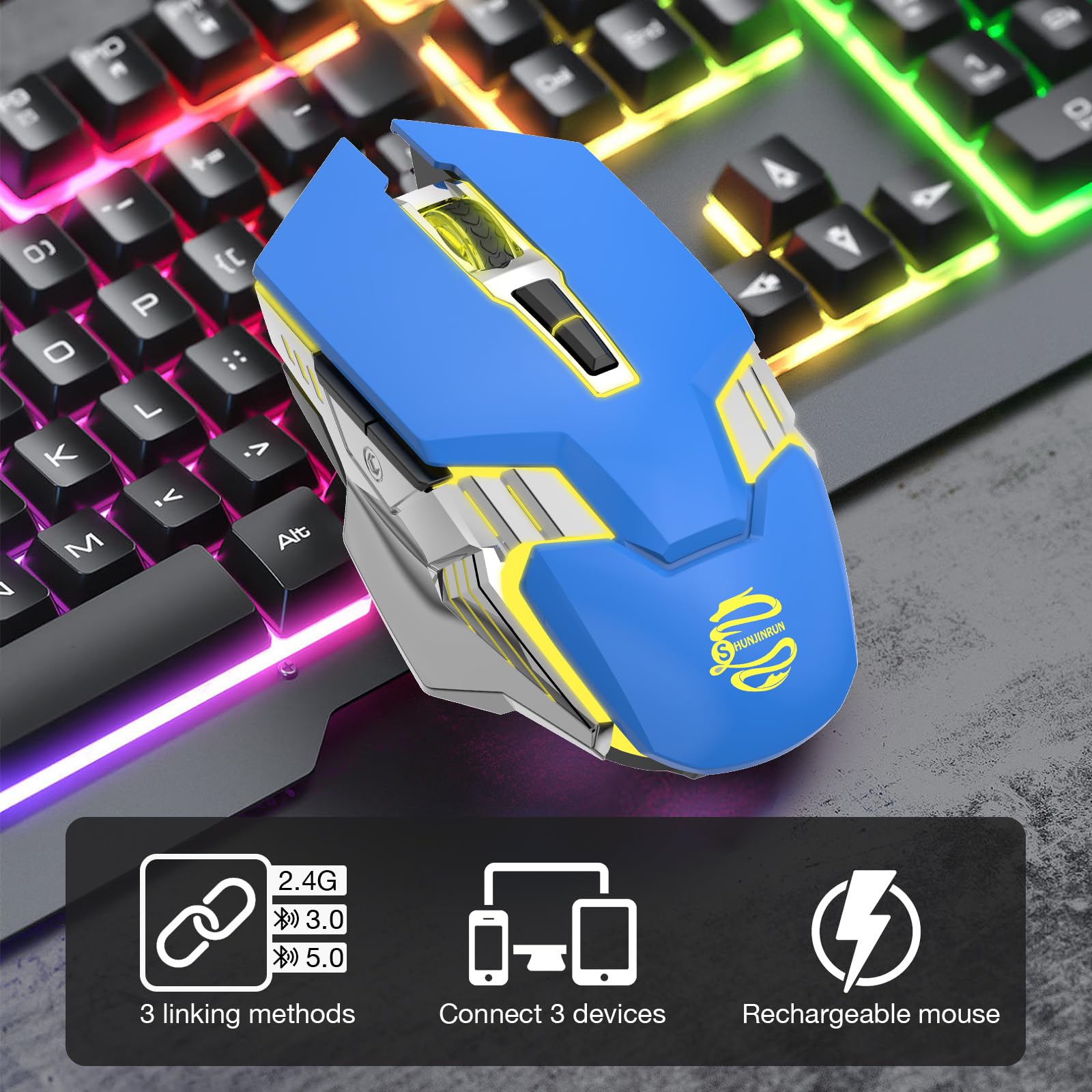 Mouse wireless da gioco, Bluetooth, silenzioso, multi dispositivo, 2400 DPI, retroilluminazione RGB, 800 mAh, ricaricabile, per computer portatile, PC, Mac, MacBook Air/Pro, iPad, Chromebook, giochi