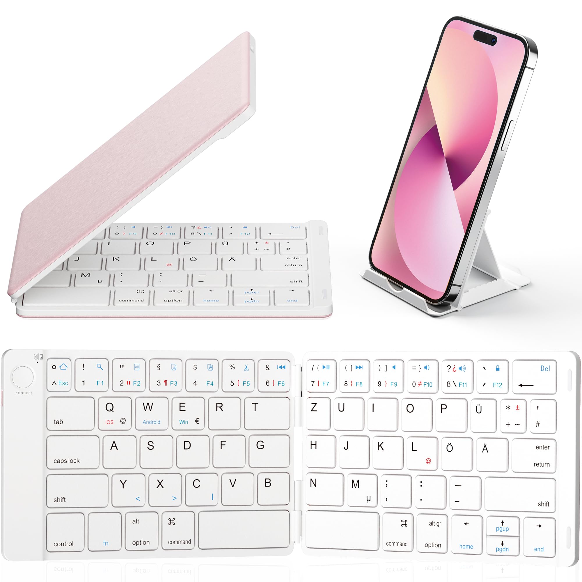 SamsersFoldable Bluetooth Keyboard - Portable Wireless Keyboard with Stand Holder, Rechargeable Ultra Slim Foldable Keyboard Compatible with iOS Android Windows Smartphone Tablet Laptop - Pink