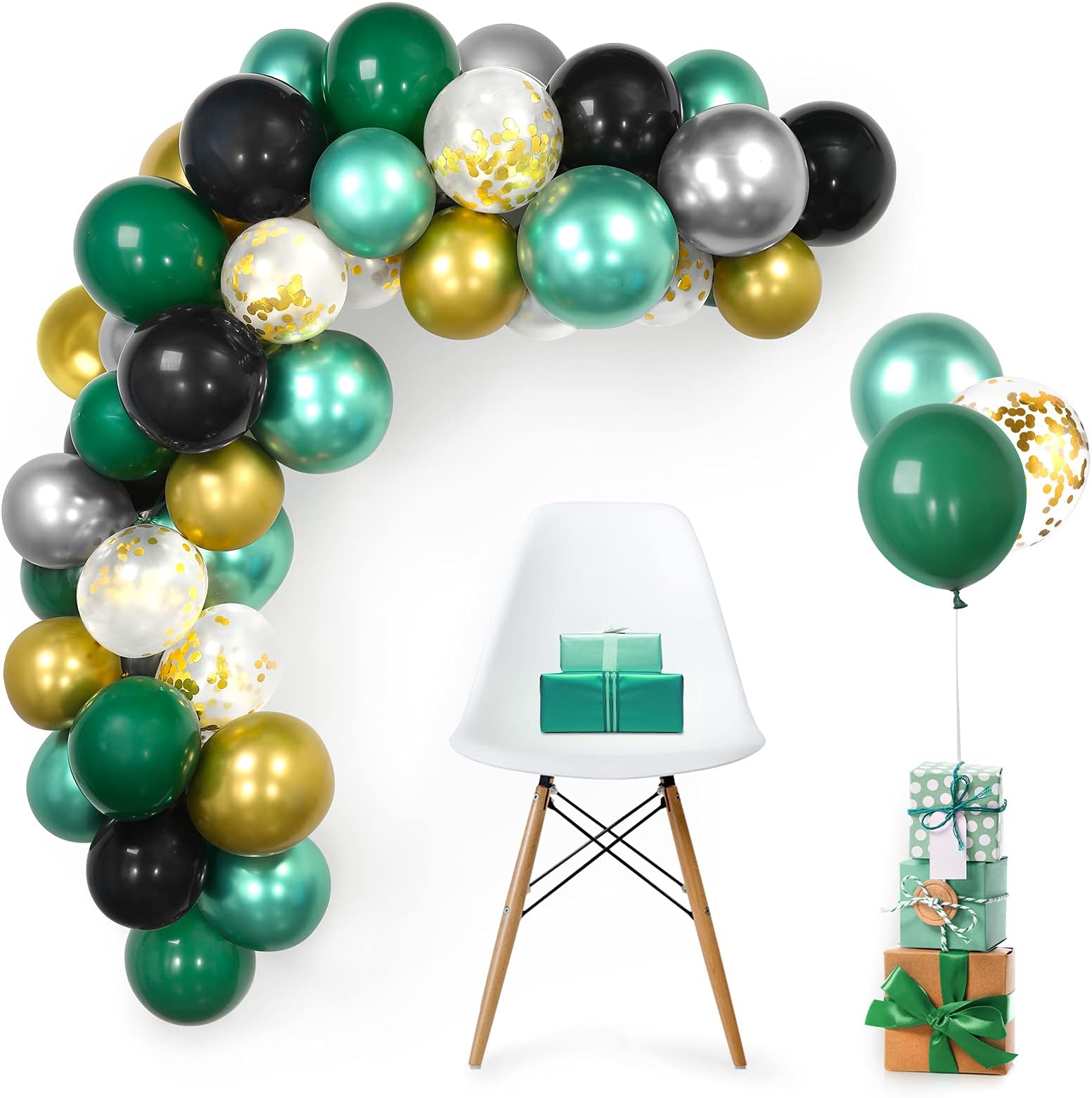 60Pcs Green Party Balloons,GAGAKU 12 Inches Chrome Metallic Dark Green Black Silver Gold Helium Balloon Garland Arch Kit with Latex Green Confetti Balloons for Wedding Baby Shower Birthday