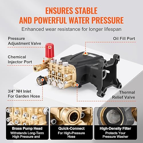 Miniatura 6 de VEVOR Bomba de lavado a presión, émbolo triple horizontal de 1 pulgada, 4000 PSI, 4.0 GPM, kit de bombas de repuesto para lavadora eléctrica con 5