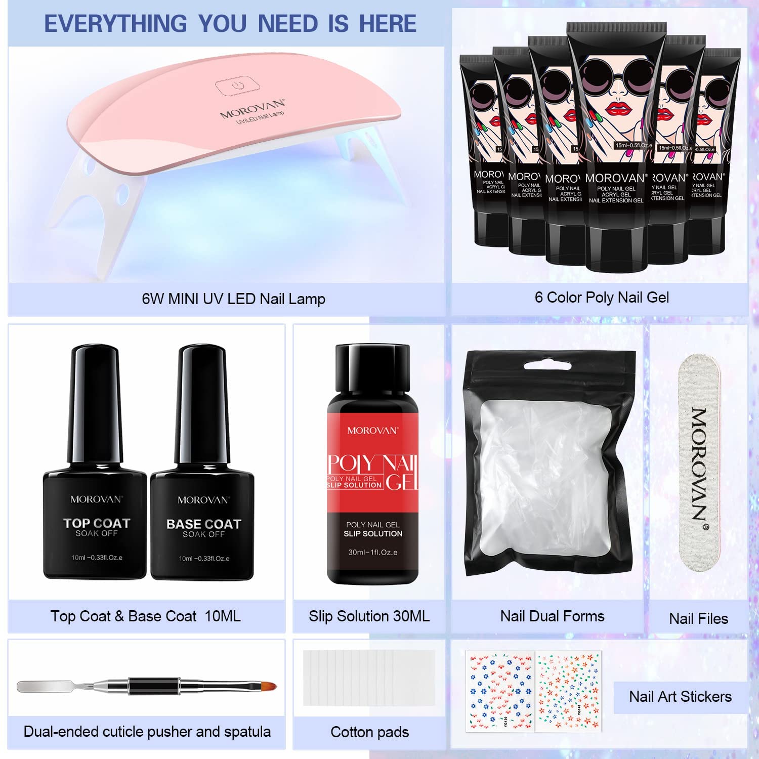 Morovan Poly Gel Nail Kit - Nail Extension Gel Kit with Temperature Change Gel Glitter Gel Builder Gel and Nail Lamp Slip Solution All-in-one Complete Poly Extension Gel Kit for Beginner (pure white and pink, 2 glitter poly gel and 1 fantastic ombre colors)