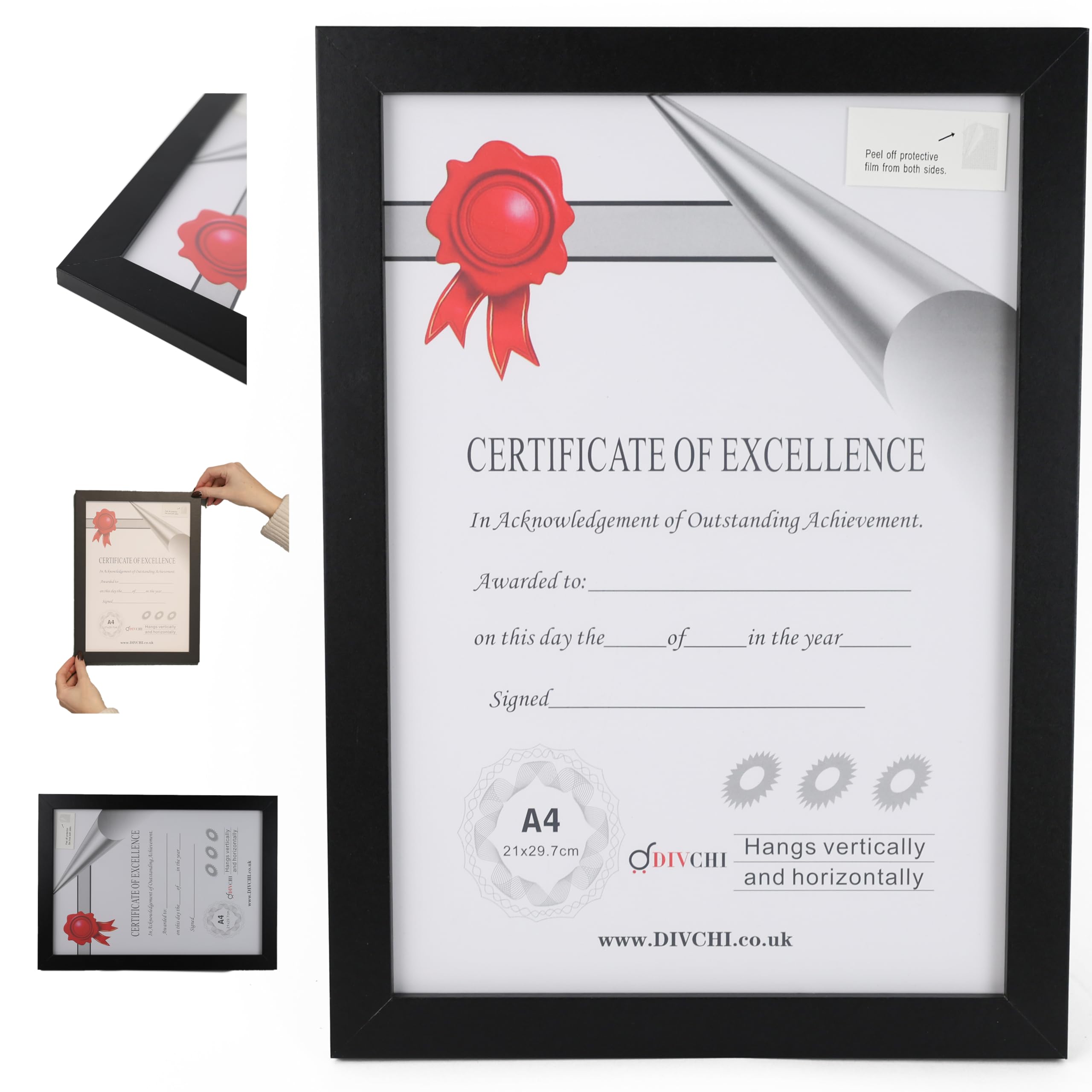 Divchi Black A4 Photo Frame Mdf Freestanding Tabletop And Wall Mountable Picture Frame Certificate Art Print Poster Frames (Black)
