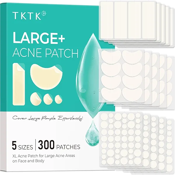 TKTK Large Pimple Patches for Face, XL Acne Patches 60 x 20 mm, Big Hydrocolloid Bandages for Body, Forehead, Chin, Neck Zit Breakouts, Hydrocolloid Patch (Strip, Contoured, Dot 5 Sizes 300 Count)