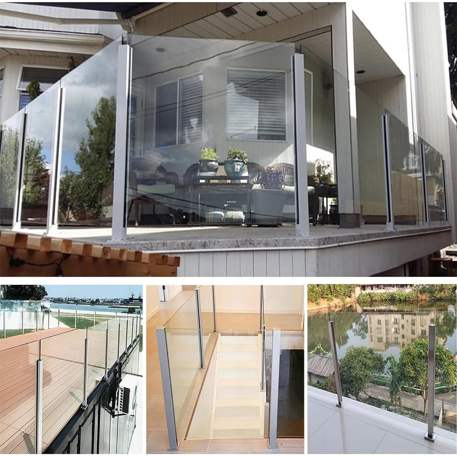 Ringhiera Vetro Palo per balaustra in vetro argentato, paletto per ringhiera in vetro in acciaio inossidabile 304 per gradini/balconi/scale/ponti/scale del patio/recinzione per piscina, montaggio a pa
