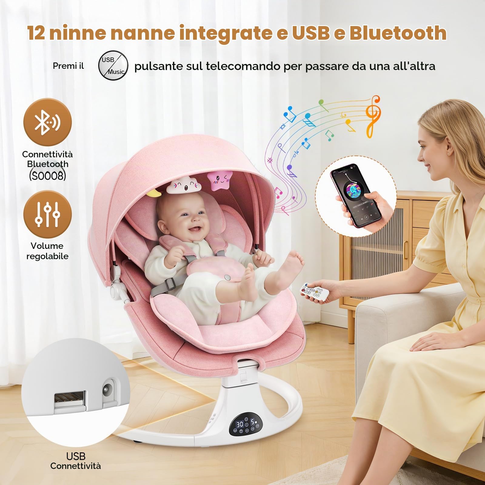 Sdraietta Neonati Elettrica 0-6 Mesi, Cintura di Sicurezza a 5 Punti, 5 Velocità, Timer a 3 Livelli, Dondolo Elettrico con Pannello Touch, Telecomando e Musica Per Interno & Esterno(Rosa)