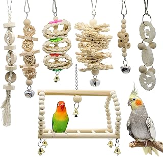 7 Packs Parrot Swing Chewing Toys-Hanging Bell Bird Cage Toys Suitable for Small Parakeets, Cockatiels, Conures, Finches,Budgie,Macaws, Parrots, Love Birds
