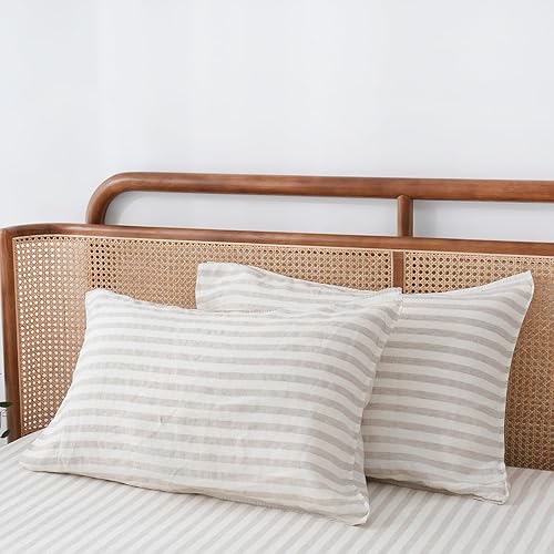 Miniatura 2 de S VICTORY SYMBOL Juego de 2 fundas de almohada de lino a rayas 100%, lino natural orgánico francés teñido en hilado color beige con rayas, tamaño