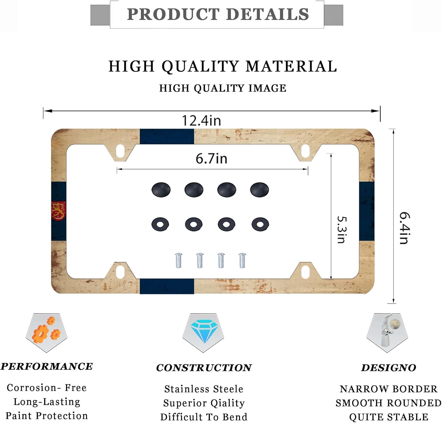 The National Flag of Finland Country Signs with Emblem Rust Retro Shield with Black Nut License Plate Frame for Personalized Car Decoration/Plate and Frame Plate and Frame