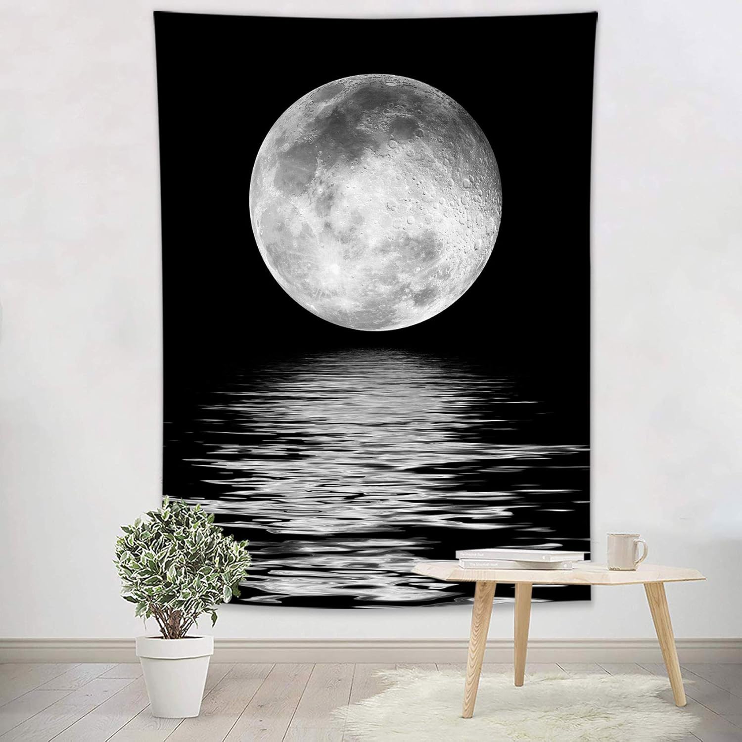 LB Full Moon Over Ocean Tapestry - Black and White Moon Extra Large Wall Tapestry for Bedroom - Starry Night Sky Wall Art for Bathroom Living Room Dorm Home Decor, 70.9 x 92.5 Inches