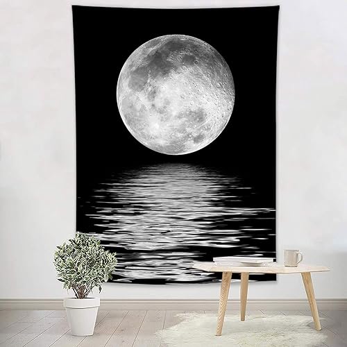 Miniatura 3 de LB Tapiz pequeño de luna llena creciente para colgar en la pared, tapiz de pared de cielo nocturno estrellado, fantasía 3D, hippie, blanco y negro,