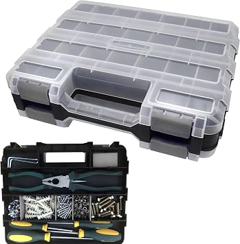 Double Side Tool Box Organizer, Hardware Storage Box, Portable Small Parts Organizer with Removable Plastic Dividers for Screws, Nuts, Nails, Bolts, Grey