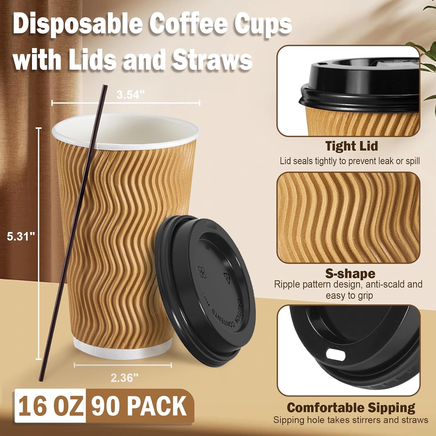 siuq 16 oz coffee cups-90 pack disposable coffee cups with lids and straws, insulated ripple wall to go paper coffee cup for coffee, juice, hot chocolate and hot tea drinks - champagne 16 oz champagne