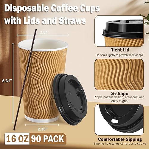 Miniatura 9 de Tazas de café de 12 onzas, paquete de 90 tazas de café desechables con tapas y pajitas, taza de café de papel con aislamiento de pared ondulada para
