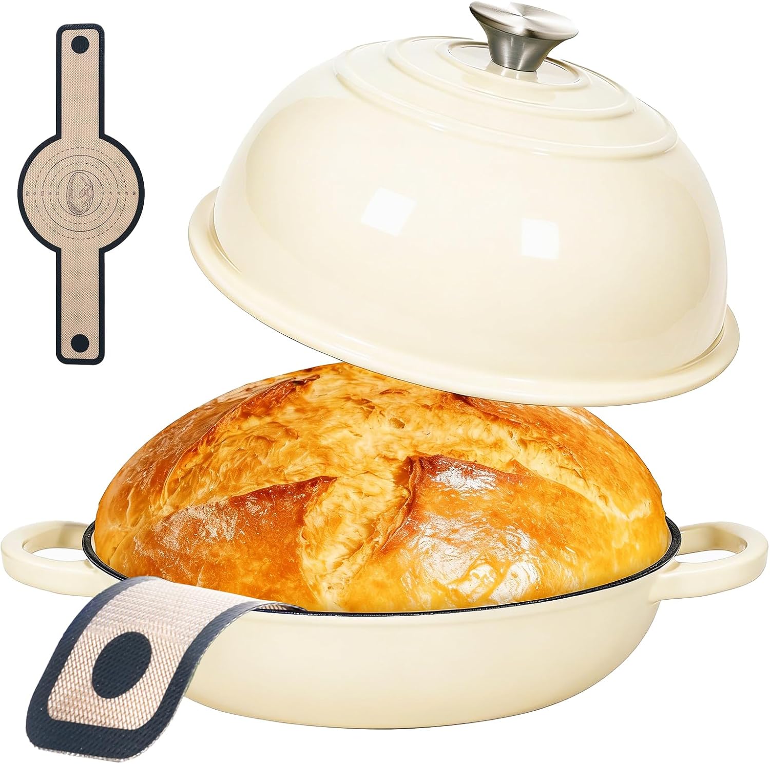 ONKO Dutch Oven For Sourdough Bread Baking, 6QT Enameled Cast Iron Dutch Oven Pot With Lid, Non-stick Sourdough Baking Pan with Bread Dome, Round Ceramic Dutch Ovens Pot with Cloche for Homemade