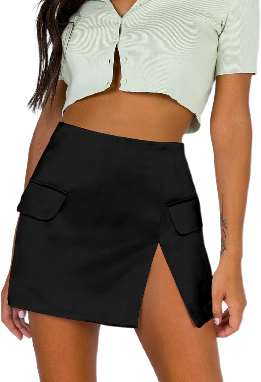 Women's Sexy Slit Hem Silk Satin Mini Skirt Dressy Casual High Waisted Bodycon Short Skirts