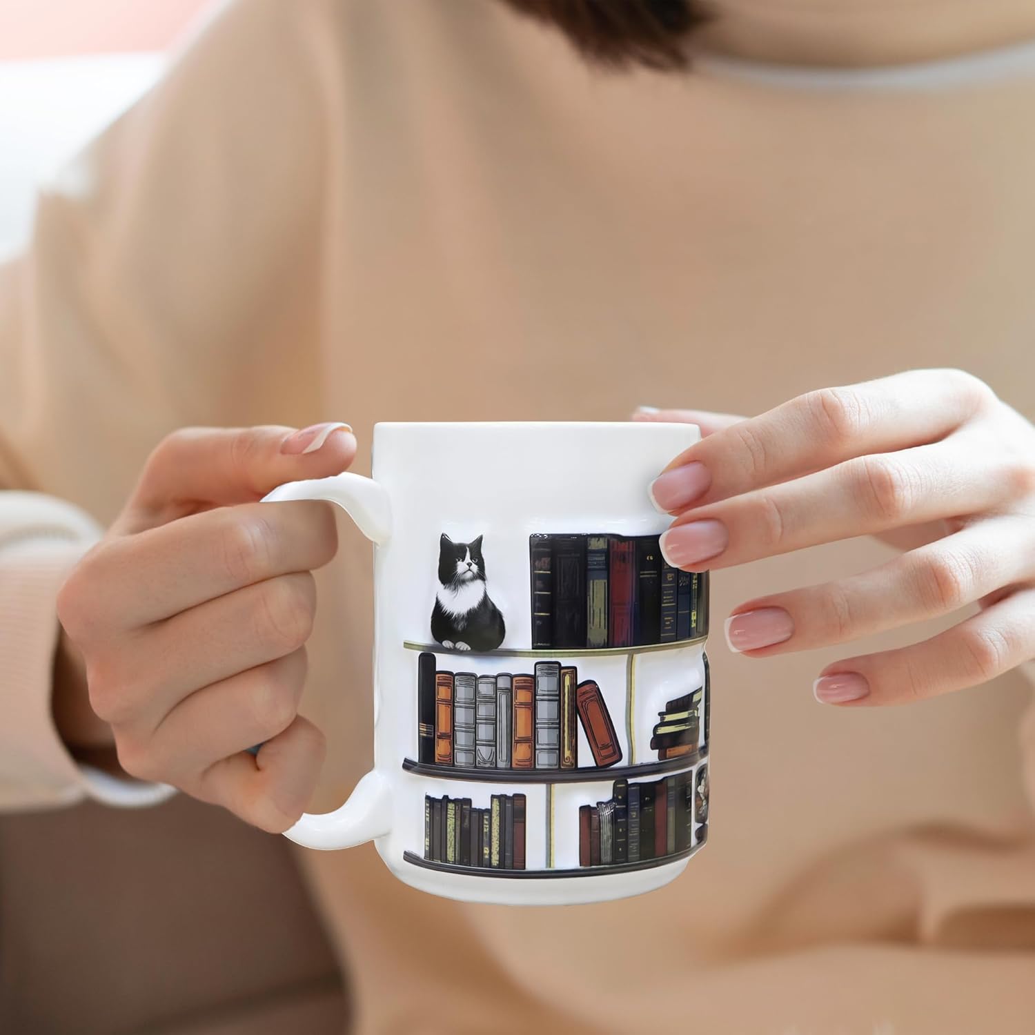 Full-Wrap Embossed 3D Book Mugs For Book Lovers Gifts For Readers Women 3D Bookshelf Mug 15Oz - A Library Shelf Cup, Cat Mugs For Cat Lovers Women And Men, Love Cats Mug Gift For Writers And Authors - Image 5