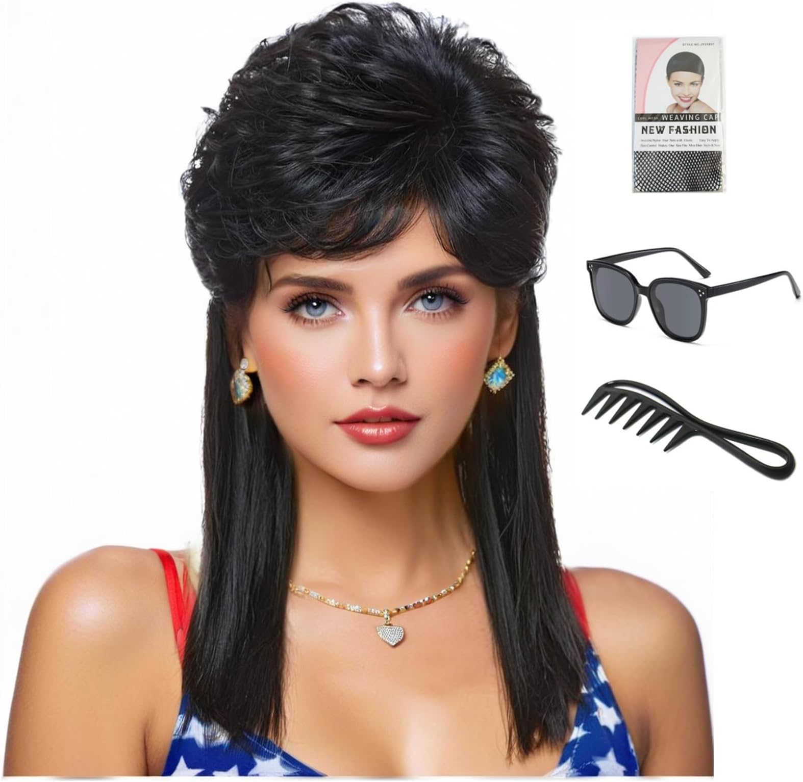 Mullet Wigs for Women 70s 80s Rocker Party Cosplay Wigs (Black)