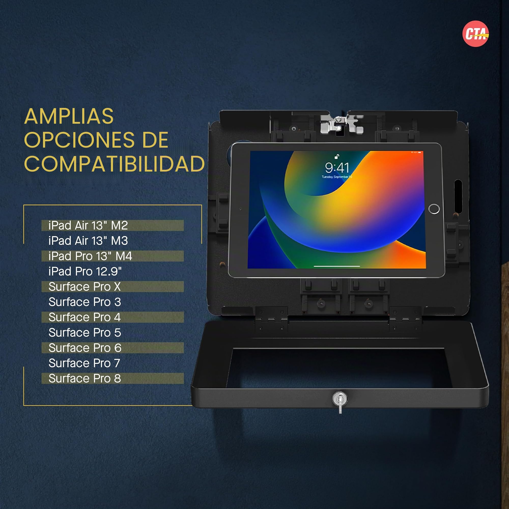 CTA - Soporte de Pared con Bloqueo para iPad, Carcasa Grande antirrobo para Tablet con Cerradura y enrutamiento Interior de Cables para iPad Pro de 13” (M4), iPad Pro de 12,9”, iPad Air de 13” M3/M2