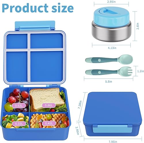 Miniatura 6 de Lonchera Bento para niños con contenedor térmico de alimentos (9 onzas), lonchera de 4 compartimentos, divisor ajustable, lonchera Bento a prueba de