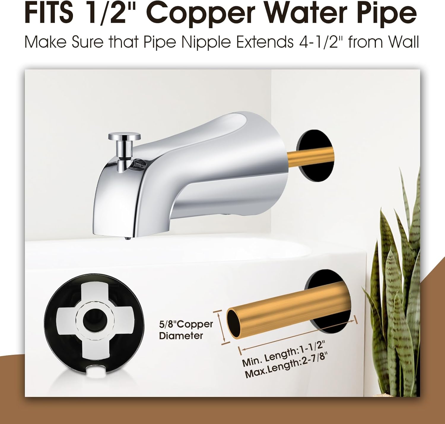 Tub Spout with Diverter,Easy to Install Bathtub Faucet，American Standard Tub Faucet Universal Fits 1/2" Copper Pipe(5/8" Diameter),Chrome