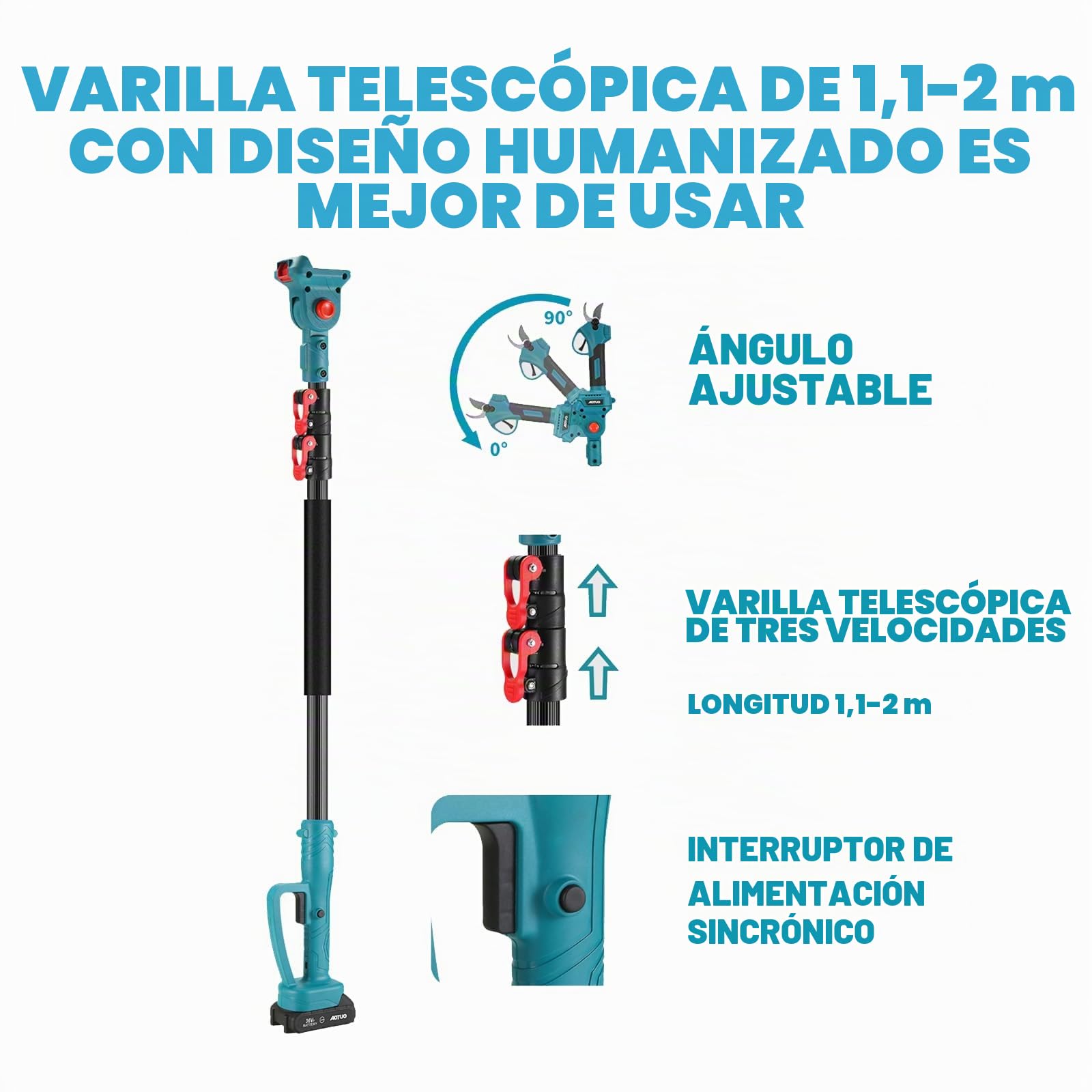 Sierra de Pértiga Inalámbrica 3 en 1, Sierra de Rama Alta con Motosierra Sin Escobillas, Tijera Podadora, Varilla Telescópica de 2M, Batería y Cargador Incluidos Para Poda de Árboles de Jardín