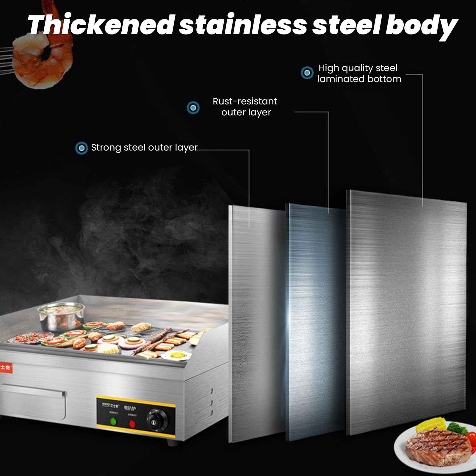 2900W 21.6Inch Piastra Elettrica Professionale Barbecue Griglia da Banco in Acciaio Inox Piana Antiaderente Controllo Termostatico Regolabile per Casa O Luoghi Commerciali