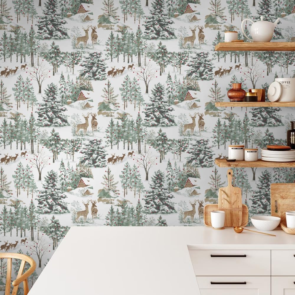 18"x236" Winter Snow Deer Animal Forest Peel and Stick Self Adhesive Wallpaper Removable Contact Paper Stick on Easy Peel Off Wall Paper for Kitchen Bedroom Bathroom Renter