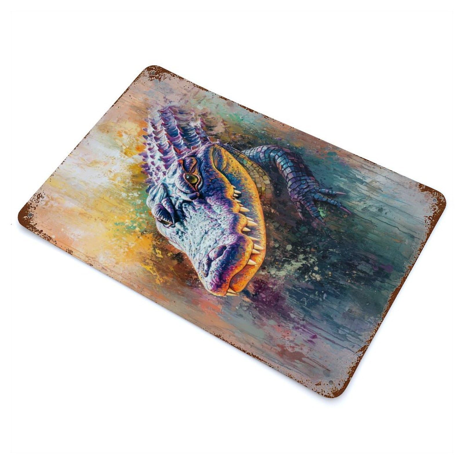 Distressed Metal Wall Sign Alligator Painting 11.8"x7.9", Vintage Wall Decor for Garage, Bar And Workshop Decor