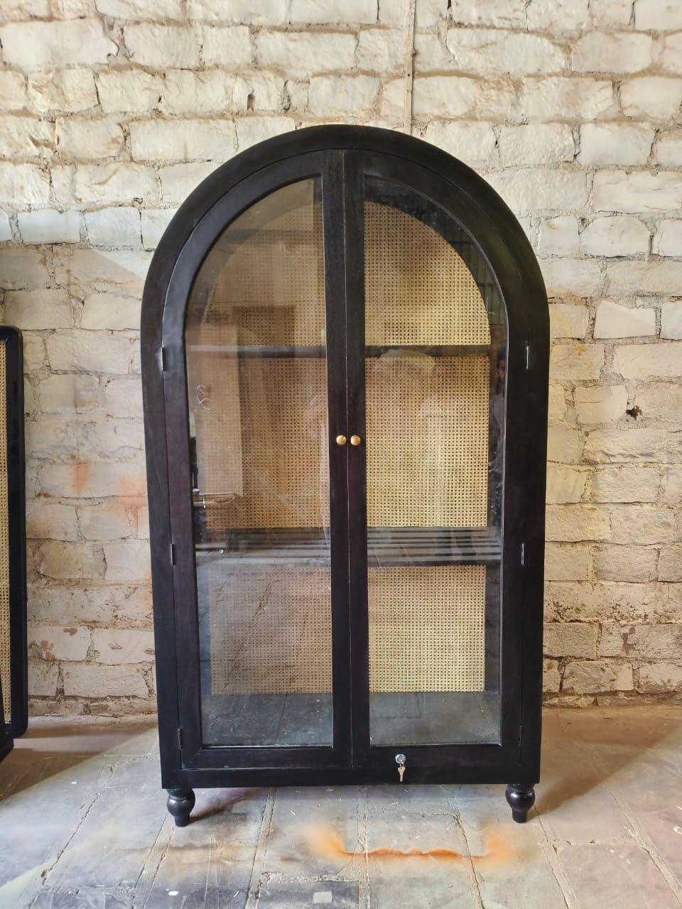 Wooden Display Storage Cabinet with Glass and Cane Panel Doors, Arched Design, Black Finish, Freestanding Cupboard for Living Room or Dining Area-image-18