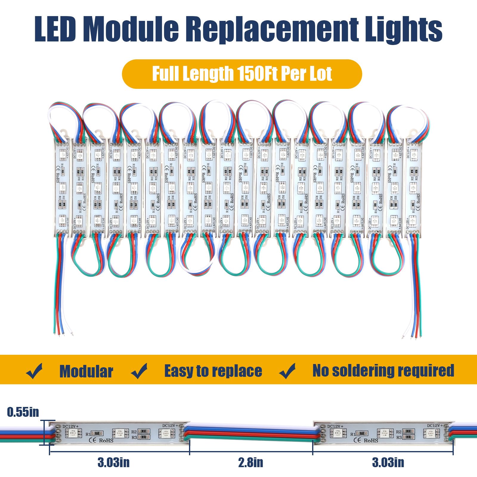 Retisee Paquete de 15 módulos LED de 50 pies con control remoto, 3 LED 5050 RGB, tira de luz multicolor, impermeable, luces de camión de alimentos para bricolaje, negocios, publicidad comercial al