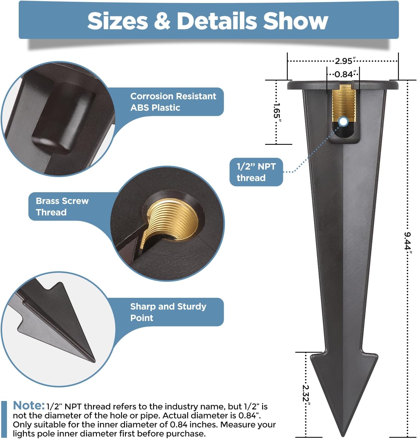 Gardencoin ABS Ground Spikes Stakes Replacement with Brass Insert, 1/2" NPT Thread Side Wire Way, Larger Size 9.44'' x 2.95'' for Landscape Path Lighting, Spotlight, Floodlight (10 Pack)