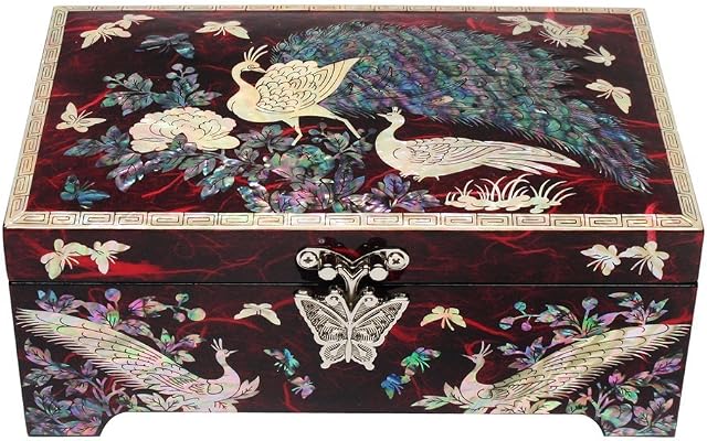 Mother of Pearl Asian Lacquer Wooden Red Peacock Bird Jewelry Case Trinket Keepsake Treasure Gift Box Organizer