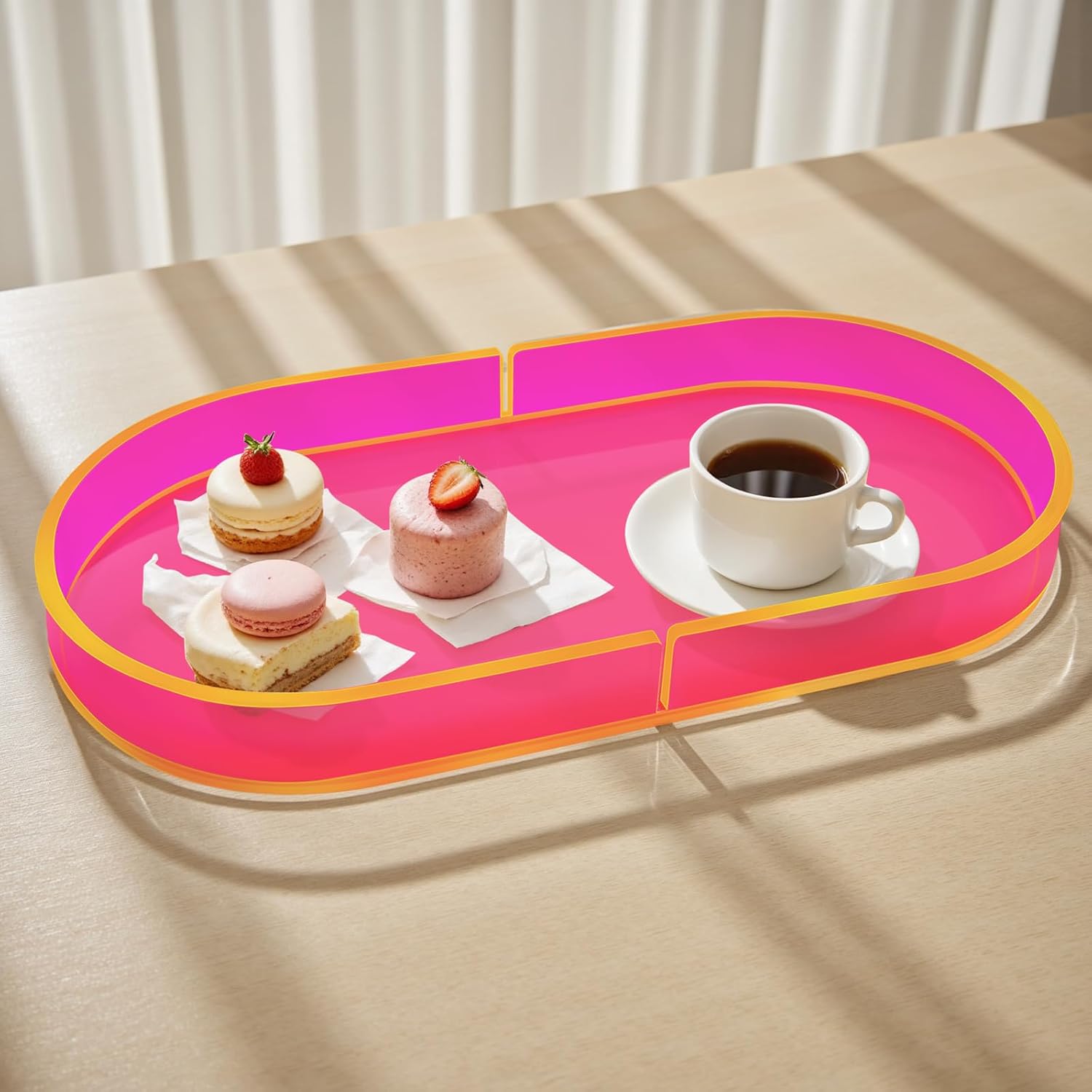 Acrylic Decorative Vanity Tray Perfume Jewelry Trinket Tray for Bathroom Counter Soap Toilet Tank Sink Small Candle Catch All Organizer, 12.6x6.3 Inches, Neon Pink