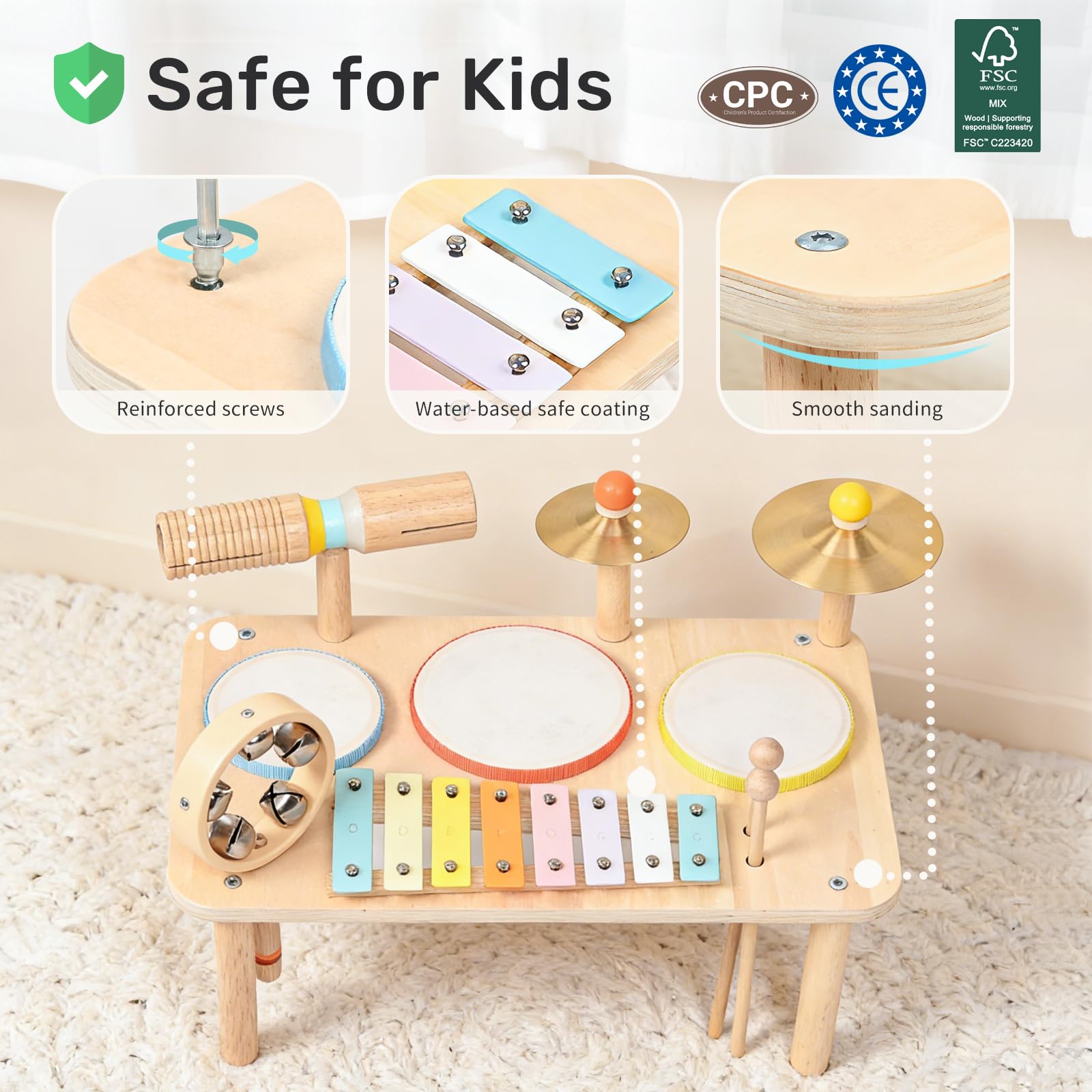WINGYZ Batteria per bambini, set di strumenti musicali in legno 9 in 1 con xilofono, tamburo per bambini a partire da 1 anno, giocattolo musicale per ragazzi e ragazze, regalo per il primo compleanno