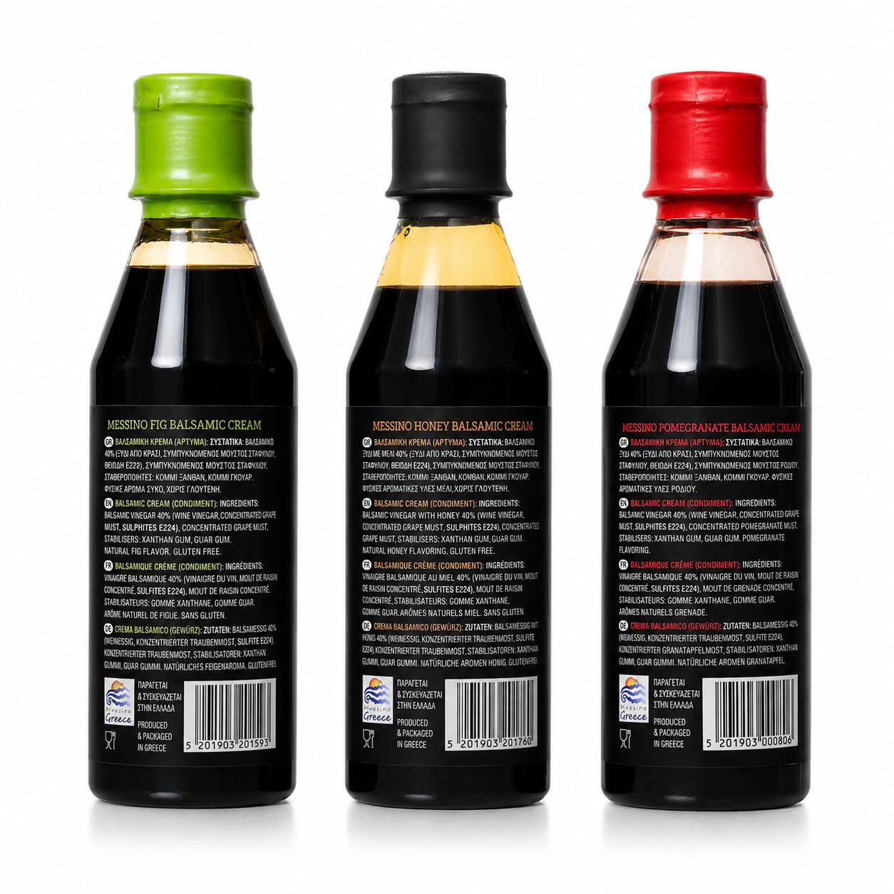 Messino Mezcla Gourmet de Cremas Balsámicas Griegas | Higos, Miel y Granada | Paquete de 3 x 250 ml (Total 750 ml) | Sin Azúcares Añadidos | Elaboración Tradicional