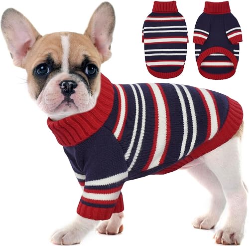 Kuoser Dog Sweater,Warm Dog Sweaters for Small Dogs,Turtleneck Thick XS Dog Sweater Christmas Outfit,Pet Winter Clothes Doggie Knitwear Girl Boy for Holiday Thanksgiving,Red&Blue Strips XS