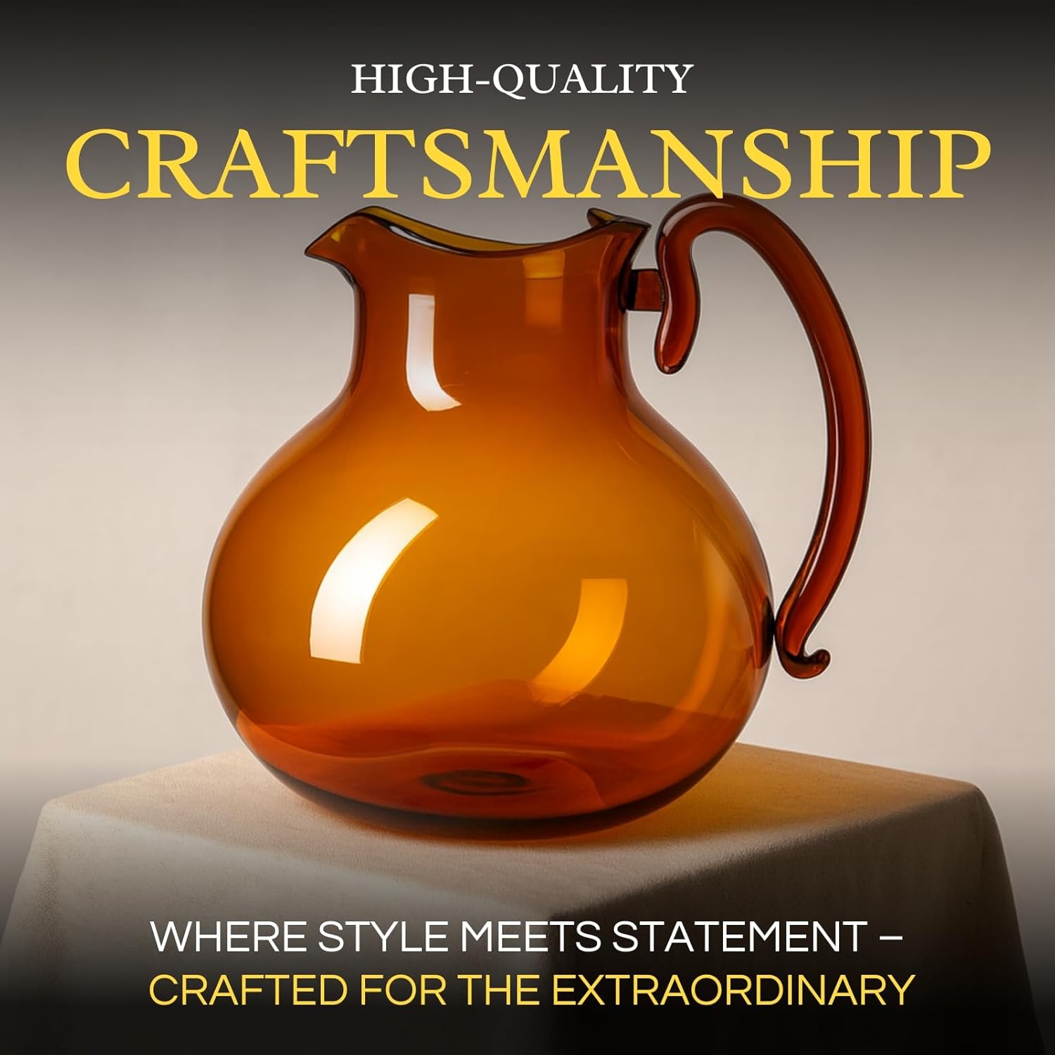Italian Design Amber Glass Jug Mouth-Blown Venetian Pitcher 750ml Handmade Murano-Inspired Carafe with Organic Wave Silhouette, Elegant Amber Tone Table Décor & Functional Art Glass for Dining Display