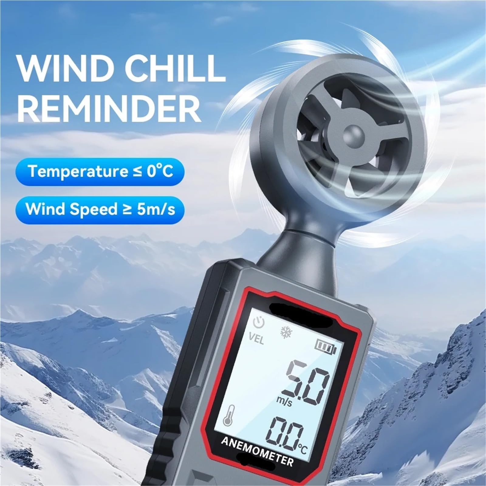 Wiatromierz, Przenośny cyfrowy anemometr, miniaturowy miernik prędkości wiatru, przepływu powietrza i temperatury z podświetleniem LCD