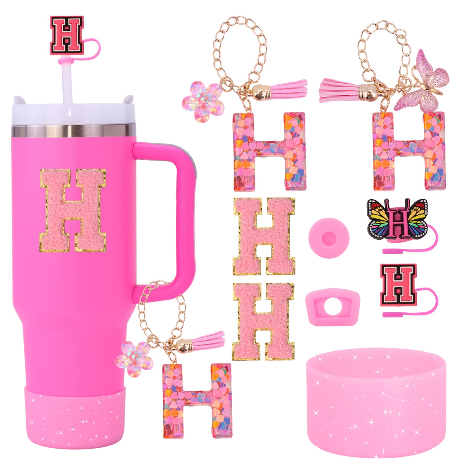 Liangang Pink Stanley Cup 9PCS Cup Accessories Set Compatible with 30oz & 40oz Cups,Includes Straw Cover,Boot,Spill-Proof Stopper,2PCS Handle Charm &