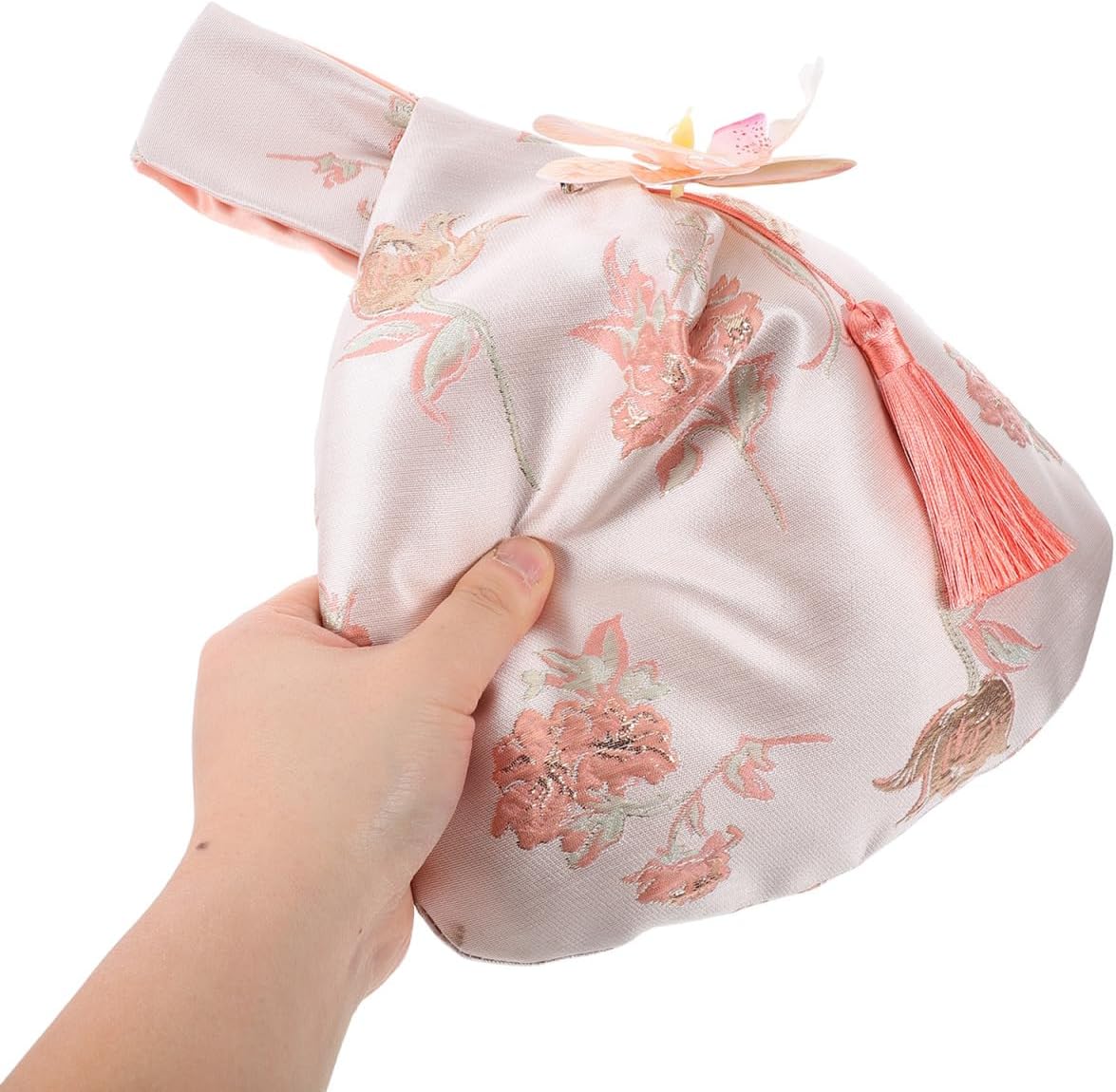 2pcs Japanese Knot Pouches, Chic Floral Wristlet Handbag with Tassel, Stylish Orchid Wrist Bag Sleeve Knot Bag Portable Canvas Tote Purse for Women Weddings Evening Parties