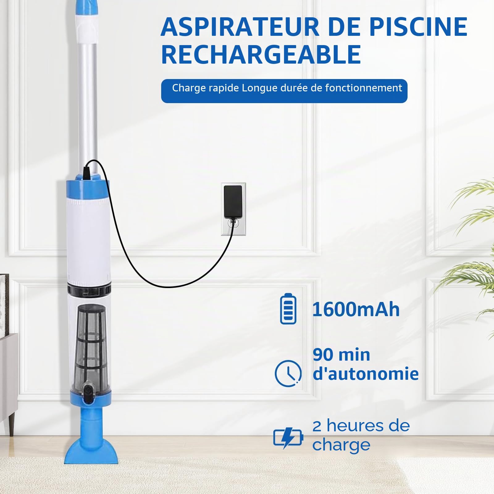 Aspirateur de Piscine sans Fil avec Batterie et Perche télescopique | Aspirateur manuel, Aspirateur de fond, Autonomie jusqu'à 90 min, Avec filtre