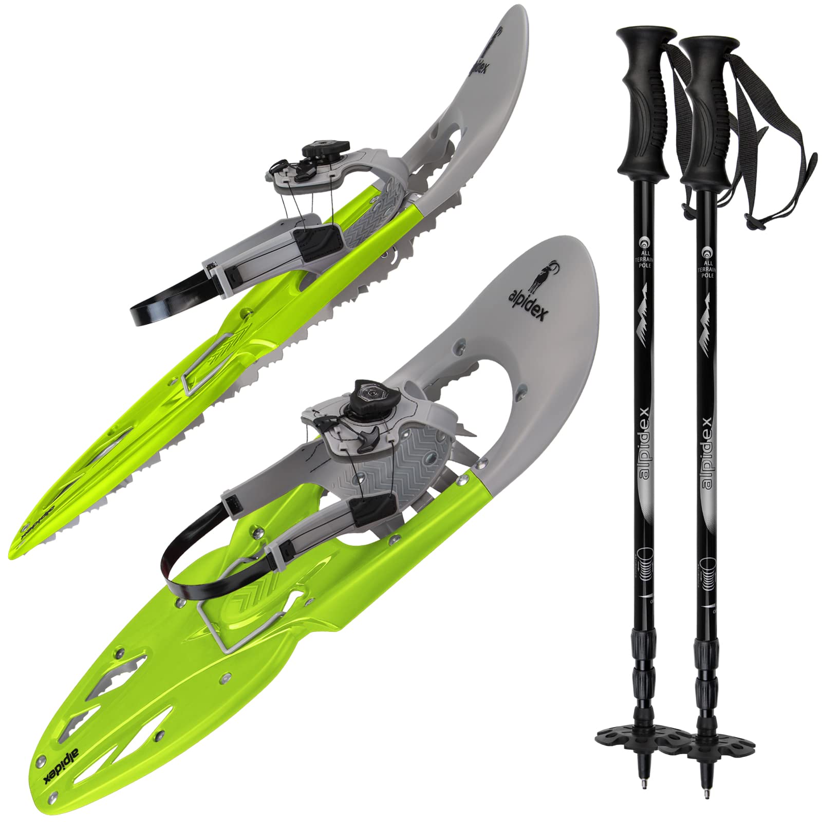 ALPIDEX Schneeschuhe mit Stöcke 25 oder 29 Inch Schnellverschluss Bindung Schuhgröße 38 - 46 bis 140 kg Steighilfe Tragetasche Teleskopstöcke, Farbe:lime green, Größe:29 Inch