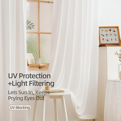 Miniatura 4 de MYSTIC-HOME Cortinas traslúcidas de 95 pulgadas de largo, 2 paneles blancos, cortinas filtrantes de luz 100% de privacidad para dormitorio y sala de